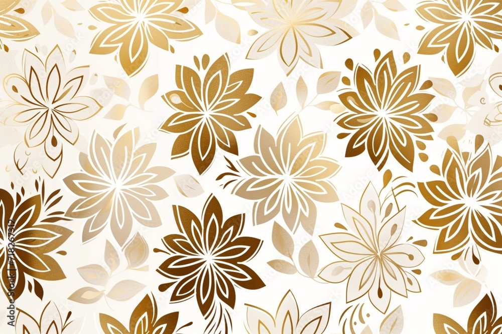 Seamless pattern with abstract golden floral geometric shapes, snowflake silhouettes. Minimalist gold and beige vector background. Simple elegant minimal texture. Repeat geo design for decor, print