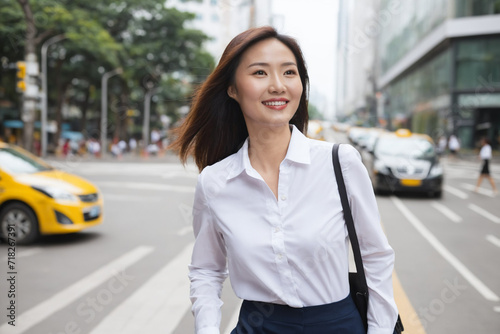 Happy smiling Asian Businesswoman with black handbag walking on city street towards camera, looking sideways, one hand in pocket.