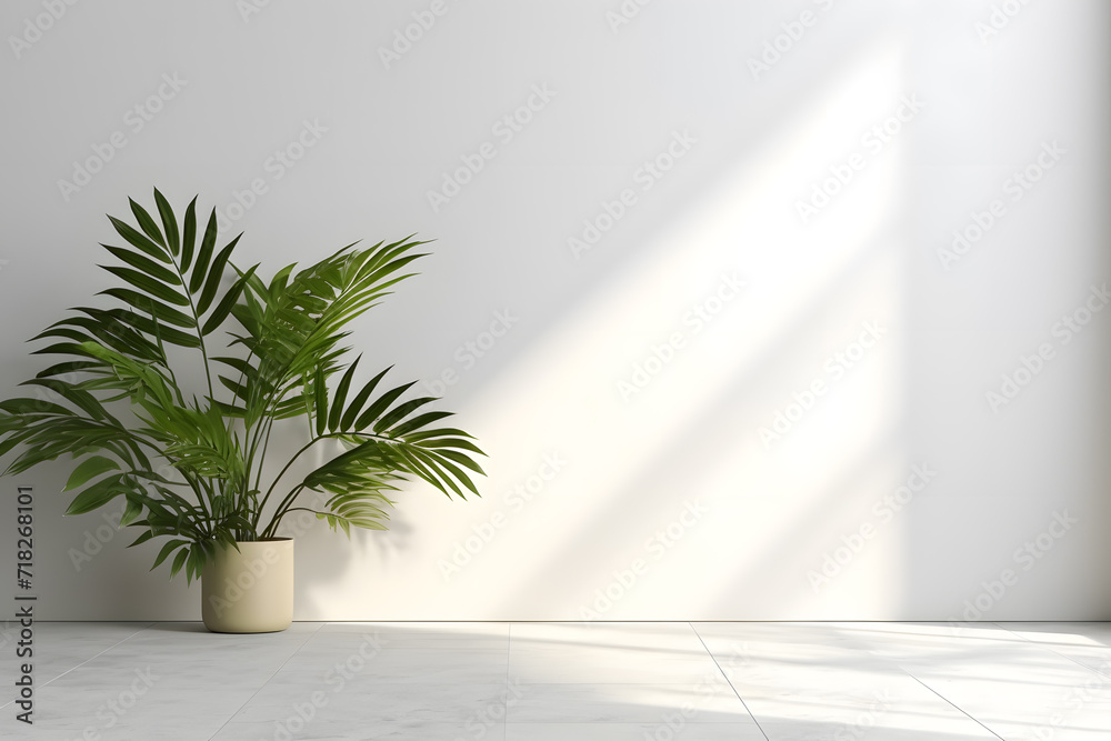 Minimalist light background with blurred shadow of leaves on white wall. Beautiful background for a presentation with a smooth floor. Decorative vase in the background. Minimalist light background with blurred shadow of leaves on white wall. Beautiful background for a presentation with a smooth floor. Decorative vase in the background.