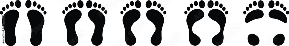 Human footprints icon set. Foot imprint, footsteps flat black vector collection isolated on transparent background. Human footprints silhouette. Barefoot, sneaker and footstep for web and app. Human footprints icon set. Foot imprint, footsteps flat black vector collection isolated on transparent background. Human footprints silhouette. Barefoot, sneaker and footstep for web and app.