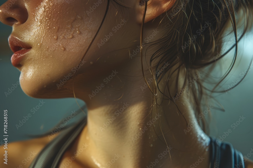 Closeup shot young adult woman sweating after workout. Closeup shot young adult woman sweating after workout.