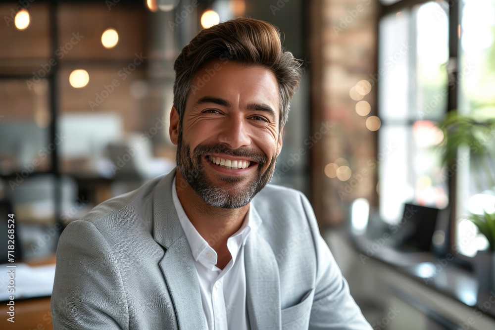 Obraz premium Confident happy businessman wearing a casual suit, wide smile and handsome.