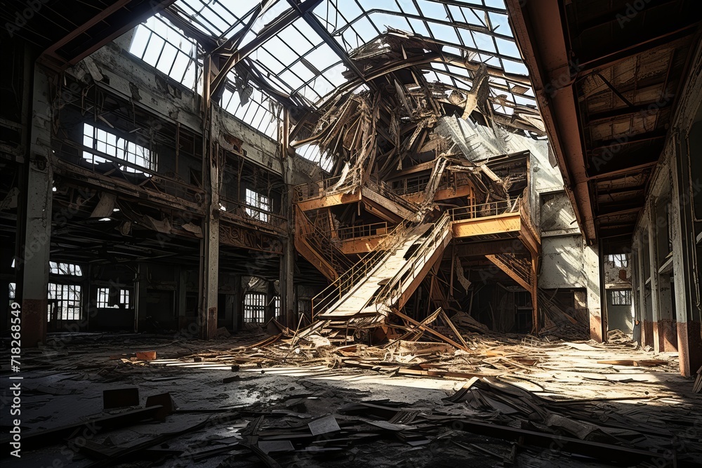 Sunlit Derelict Factory with Collapsed Roof
