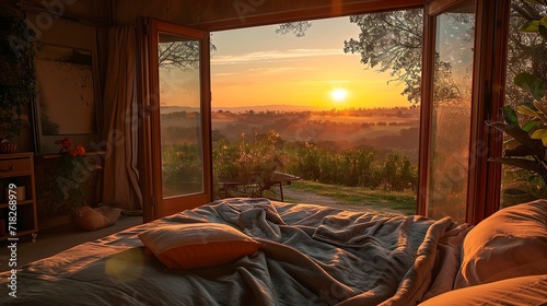 Serene Sunset View with Cozy Bedroom Decor