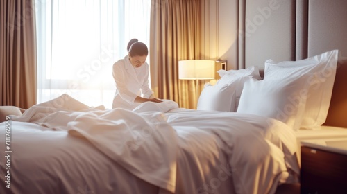 Hotel Room Service - Housekeeper Making the Bed