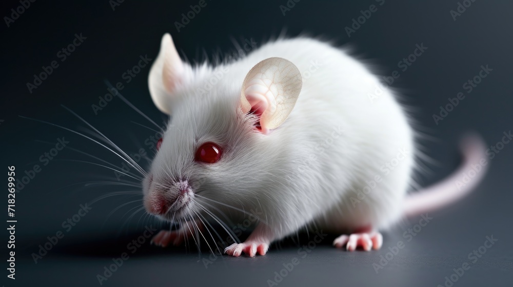 White Lab Mouse with Red Eyes on Dark Background