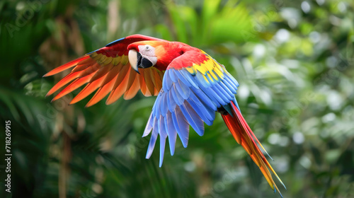 Scarlet Macaw in Flight Against Lush Greenery © romanets_v