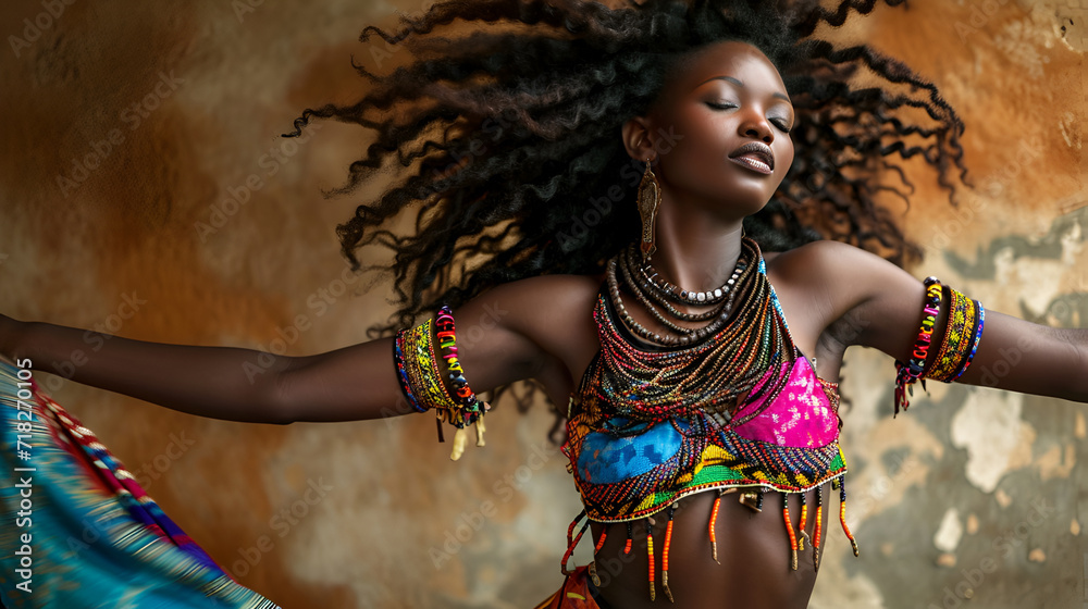 A young African woman in bright colored clothes and jewelry is dancing