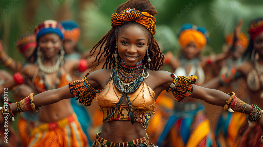 A young African woman is dancing a traditional dance in a group of people A young African woman is dancing a traditional dance in a group of people