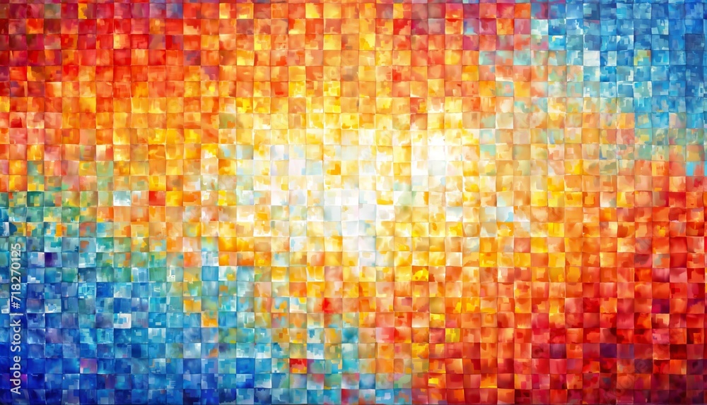 This image is an abstract painting of a sun setting over a body of water. The sky is divided into three equal sections of orange, yellow, and blue. This image is an abstract painting of a sun setting over a body of water. The sky is divided into three equal sections of orange, yellow, and blue.