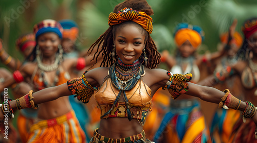 A young African woman is dancing a traditional dance in a group of people