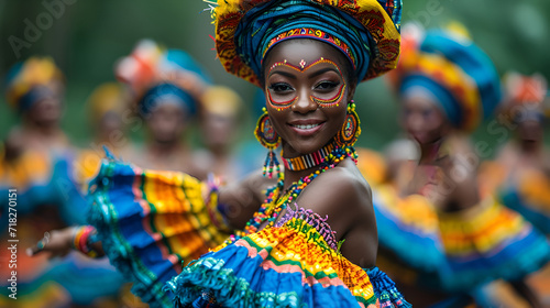 A young African girl dances a traditional dance in bright clothes
