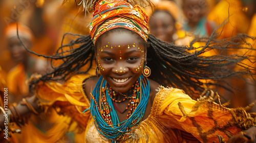 A young African girl, adorned in vibrant attire, performs a traditional dance with grace