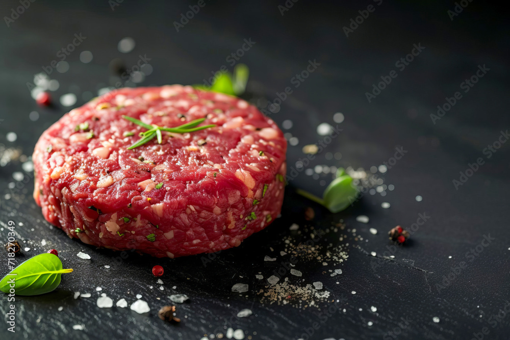 Burger patty made from raw ground beef on a black background. Burger patty made from raw ground beef on a black background.