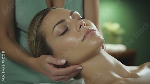 A skilled cosmetician applying facial treatment for refreshed and rejuvenated skin photo