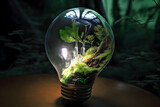 Light bulb in a forest with a forest inside symbolizes the harmony between renewable energy and nature conservation