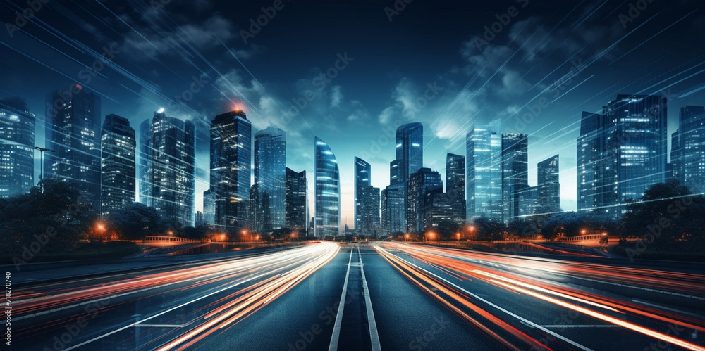 Obraz premium Background Street Night Image,A cityscape with a car and a cityscape in the background,A vibrant road on city street illuminated by a dazzling display of lights at night
