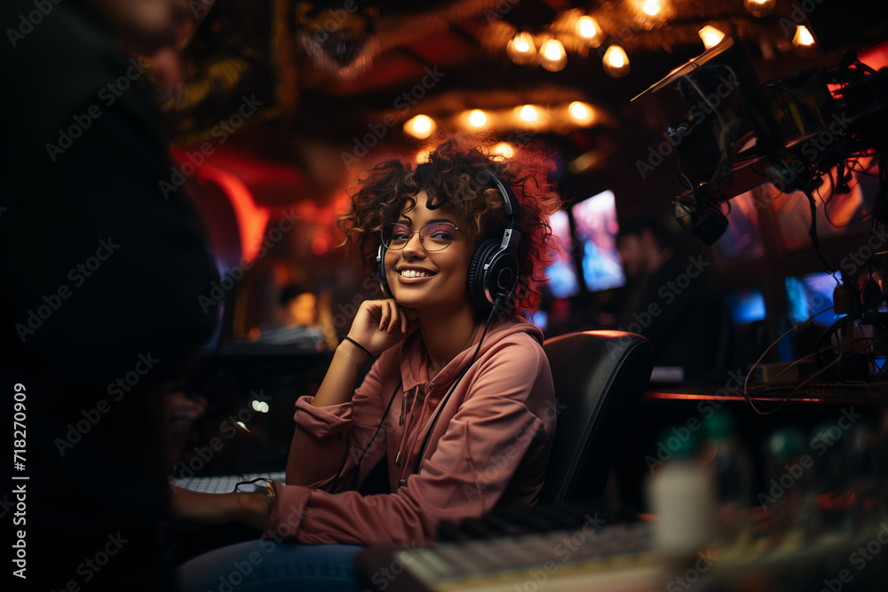Young African curly hair girl in radio show with headphones, happy mood