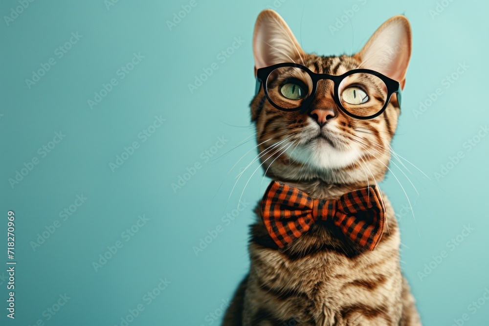 Online courses, remote distance education concept. Funny cat in a bow tie and glasses sitting on a blue background  