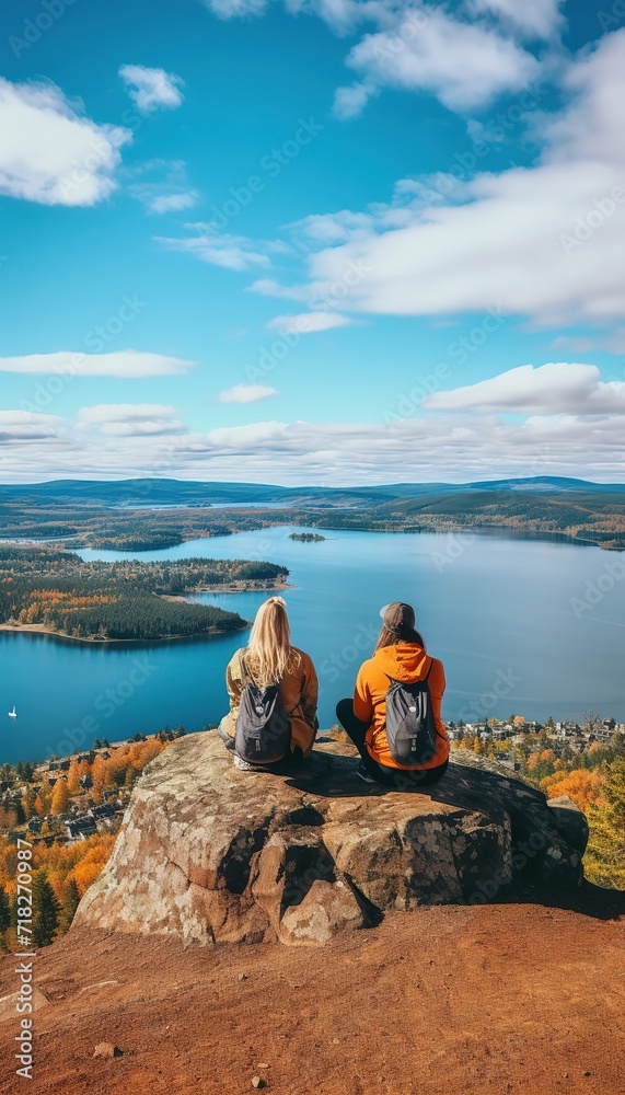 Girls with their backpacks on a hike on the top of the mountain, enjoying the view.