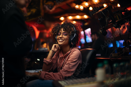 Young African curly hair girl in radio show with headphones  happy mood