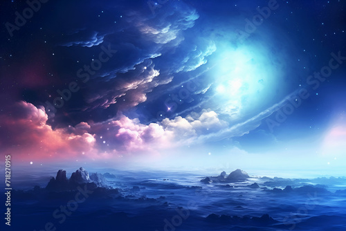 Experience lunar serenity as moon casts its gentle glow upon Earth s oceans  creating reflections that weave tranquil narrative under cosmic night. Fantastic space background for your design