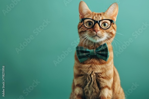 Online courses, remote distance education concept. Funny cat in a bow tie and glasses sitting on a blue background   © YamunaART