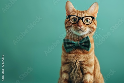 Online courses, remote distance education concept. Funny cat in a bow tie and glasses sitting on a blue background 