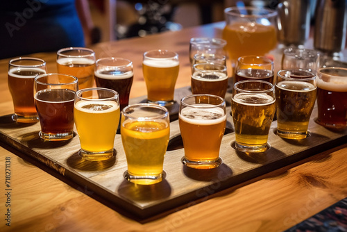A variety of craft beers in different shades on a tasting tray.