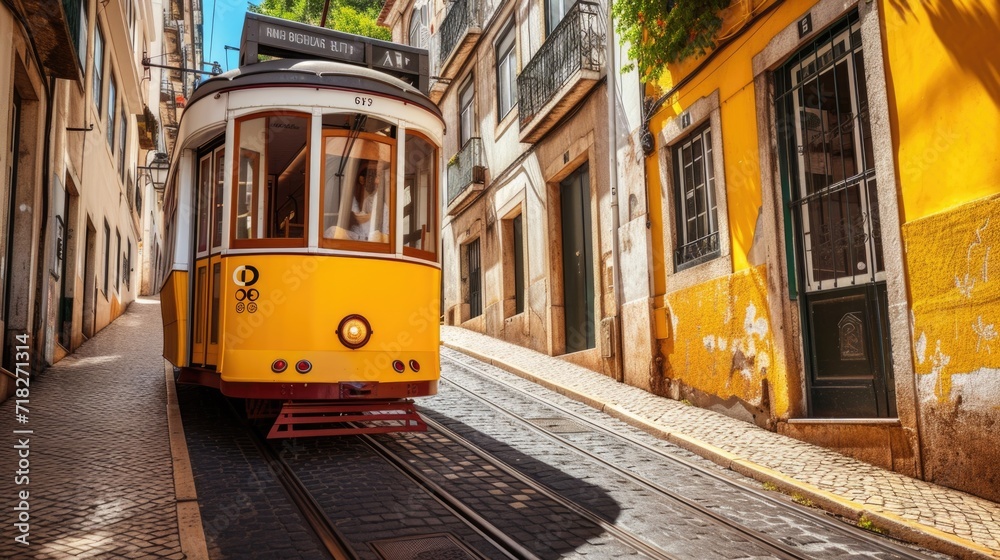 Vintage Tram on Lisbon Street: A Classic Ride Through Historic Alleyways