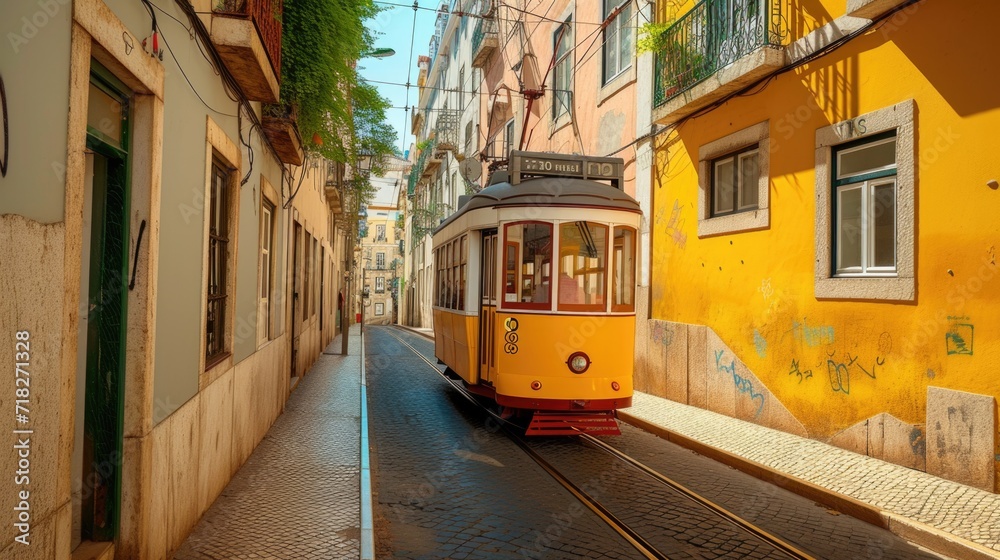 Vintage Tram on Lisbon Street: A Classic Ride Through Historic Alleyways