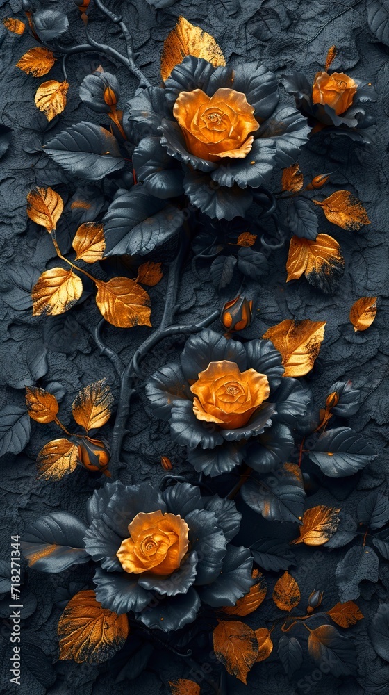 Fototapeta premium Abstract black and gold roses on dark background with ambient lighting. Small black and golden roses in mysterious setting.