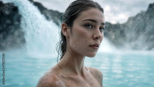 Pretty woman enjoying hot geothermal spa. Blue Lagoon in Iceland. Wellness, relaxation, rest and health care concept.