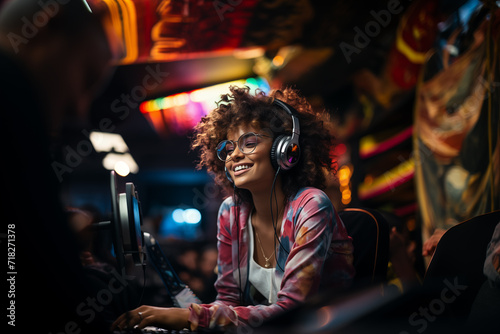 Radio program hosting girl with glasses and curly hair