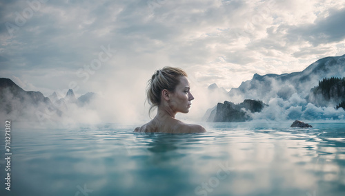 Pretty woman enjoying hot geothermal spa. Blue Lagoon in Iceland. Wellness, relaxation, rest and health care concept.