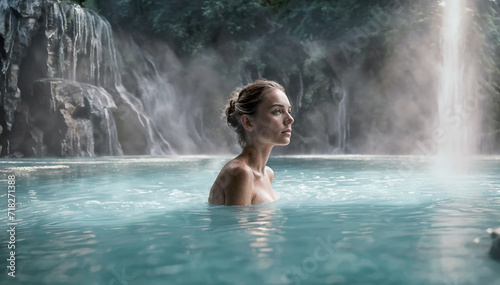 Pretty woman enjoying hot geothermal spa. Blue Lagoon in Iceland. Wellness, relaxation, rest and health care concept.