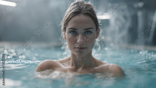 Pretty woman enjoying hot geothermal spa. Blue Lagoon in Iceland. Wellness  relaxation  rest and health care concept.