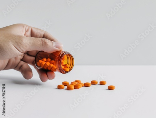 A hand holding a pill bottle, pouring out a few pills onto a clean white surface 