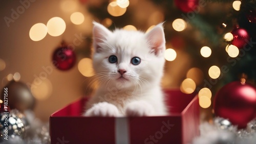 cat and christmas tree An adorable kitten with a snowy white coat, playing peek a boo from inside a festive Christmas gift    photo