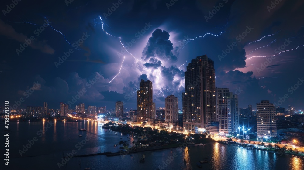 Dramatic Lightning Storm Over Urban Skyline at Night