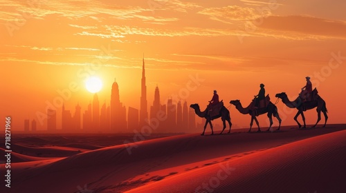 Camel Caravan Silhouetted Against Sunset in Desert Cityscape