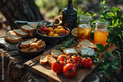 A rustic table overflowing with a variety of cheeses, fresh fruits and homemade preparations, nestled in the forest at sunset. Concept: farm products and sustainable tourism 