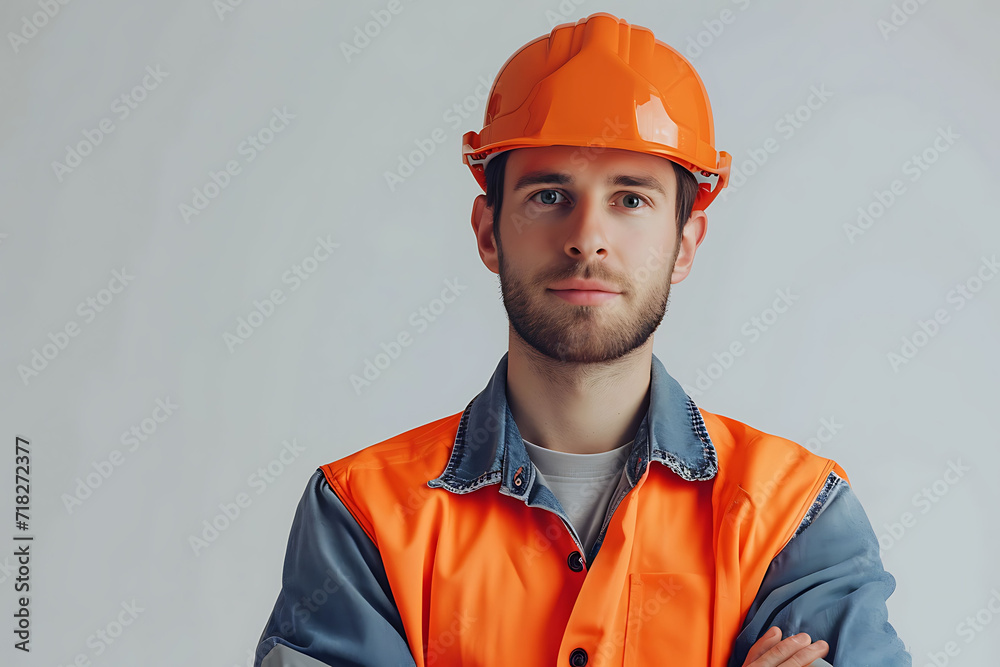 portrait of a young construction worker isolated in gray background, wearing safety helmet 