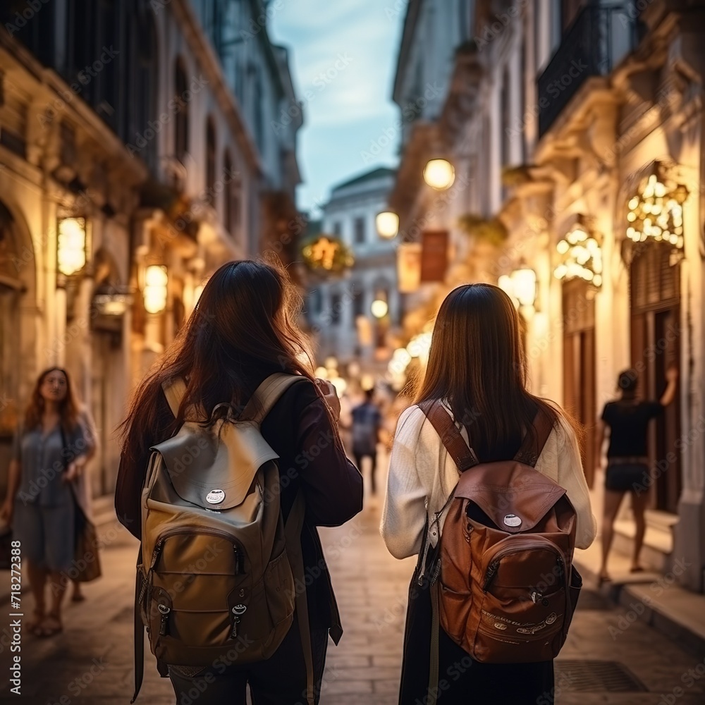 Young Chinese women tourists or students with backpacks on their backs walk the busy streets of the city.  Internship experience concept