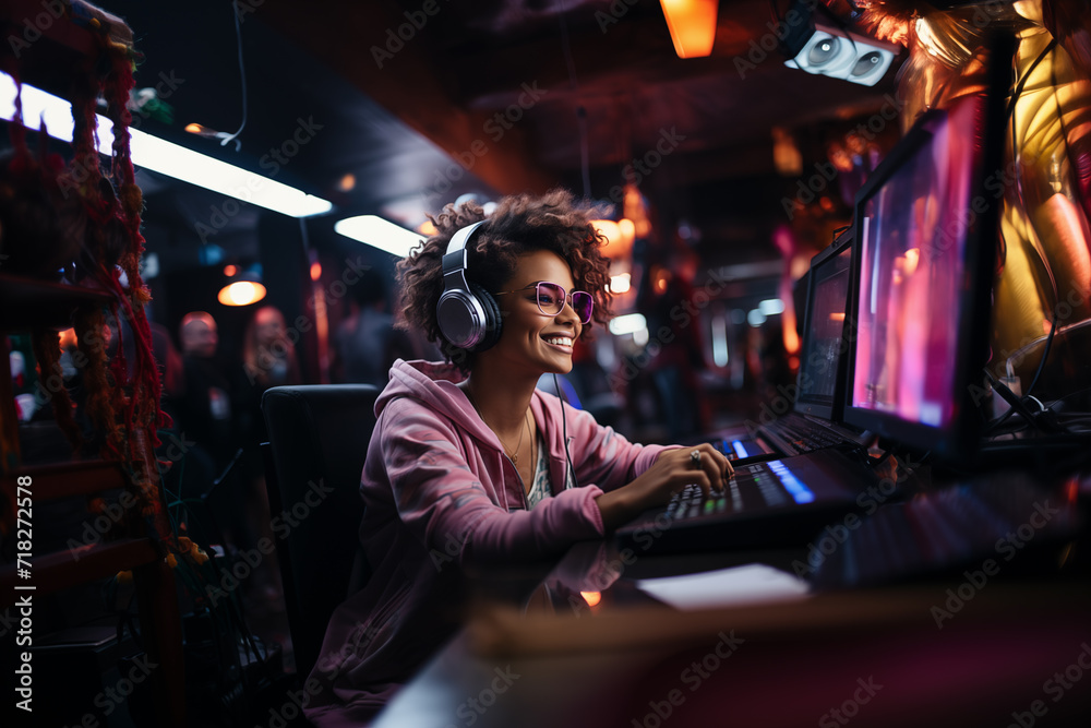 Radio program hosted by a woman with glasses and curly hair, Smiley girl, Radio program hosted by a woman with glasses and curly hair, Smiley girl,