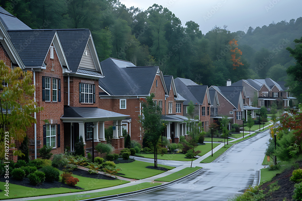 a nice newly built neighborhood with brick two-story houses a nice newly built neighborhood with brick two-story houses