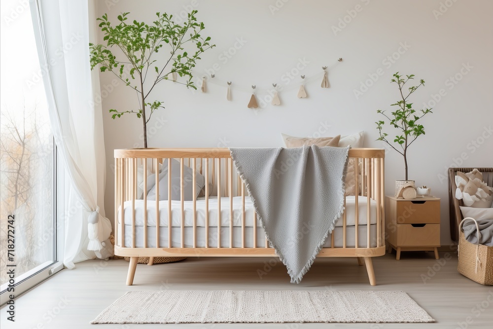 Stylish modern scandinavian nursery decor for a cozy and inviting newborn baby room - obrazy, fototapety, plakaty 