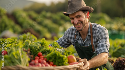 Happy stylish male chef harvesting fresh vegetables on a organic vegetable farm, concept of healthy food, whole foods, copy space.