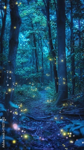 Glowing Fireflies Grace a Beautiful Forest Path