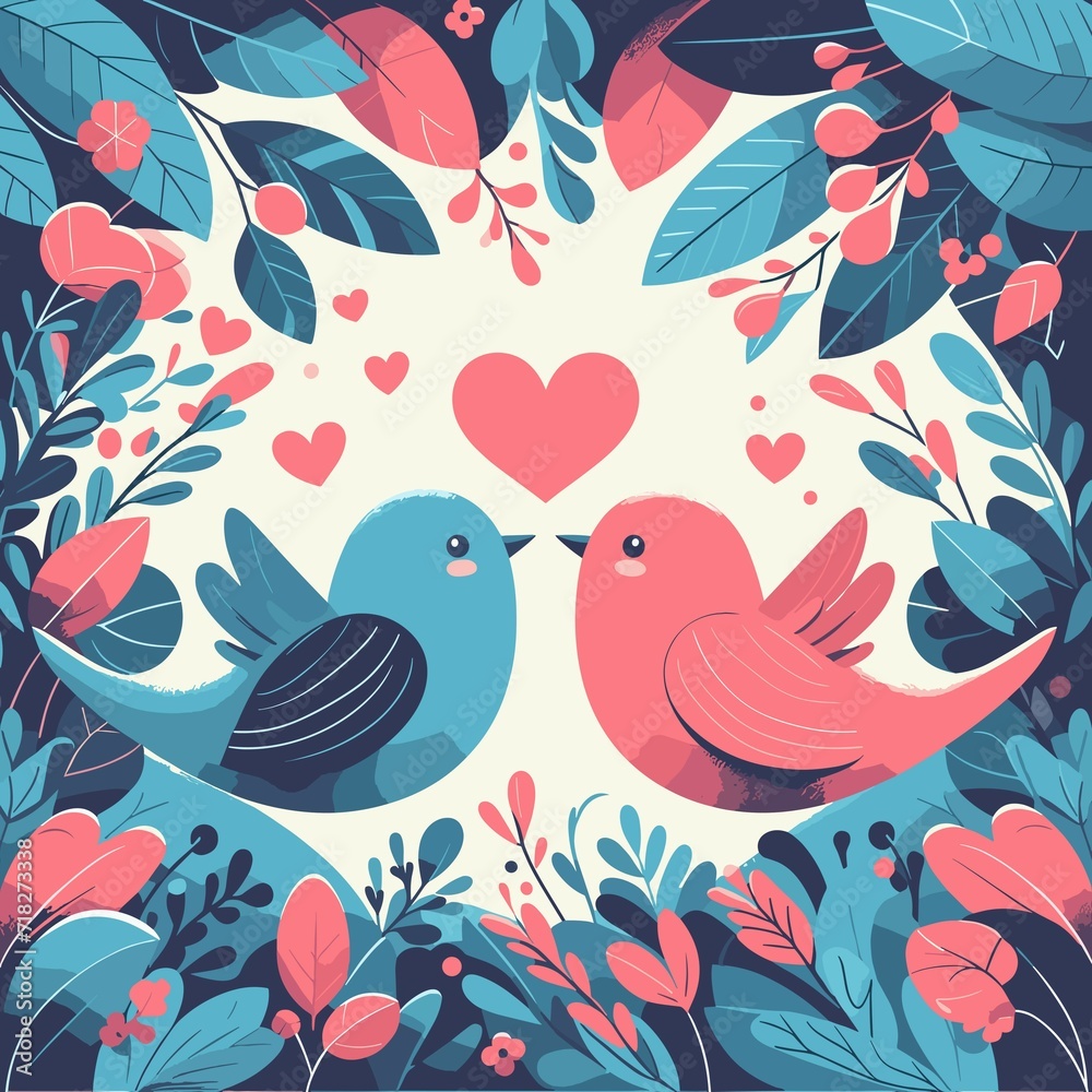 Celebrate love with this enchanting vector illustration featuring adorable lovebirds amid a park's vibrant flat colors, perfect for Valentine's Day designs.